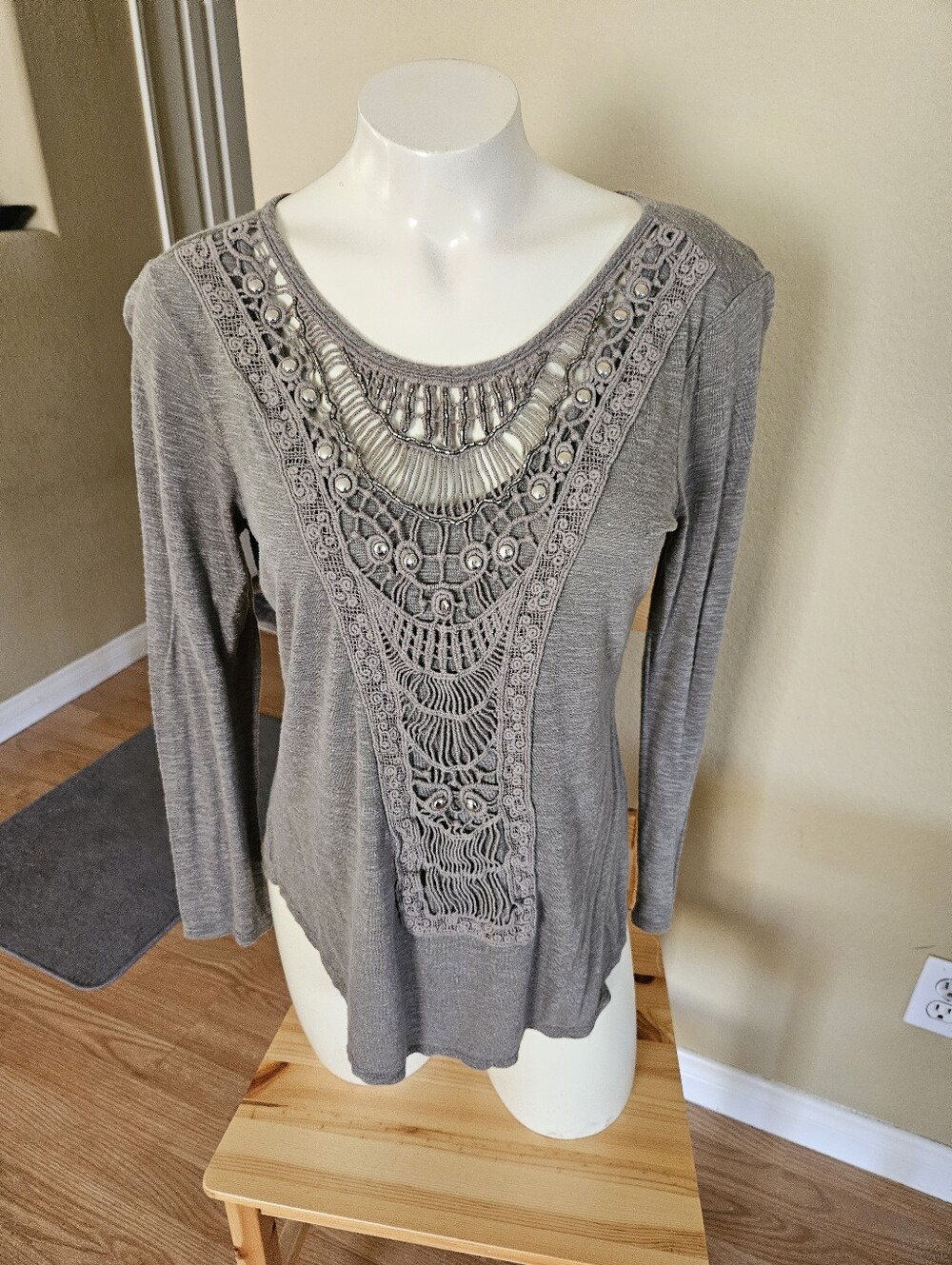 Venus Women's Army Green Long-Sleeve Crochet Panel Top, Size M